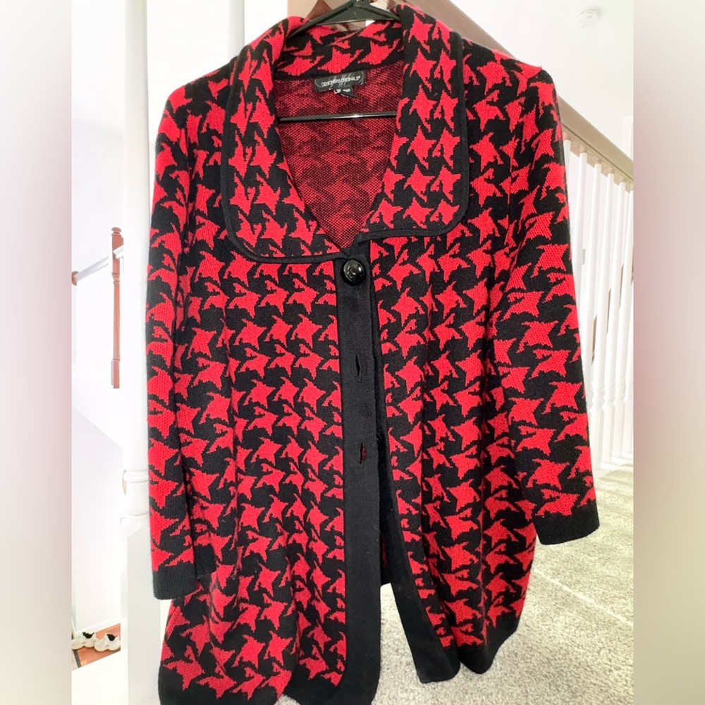 Designers Originals Red and Black Houndstooth Knit Cardigan Pre-owned 1x